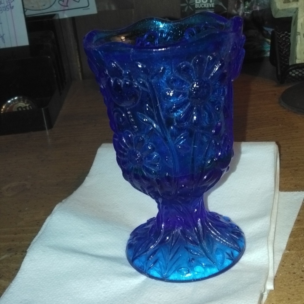 Vintage blue cobalt glass vase floral design